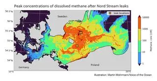 Mapa maksymalnego stężenia metanu w południowym Bałtyku po wycieku z gazociągów Nord Stream w 2022 r.