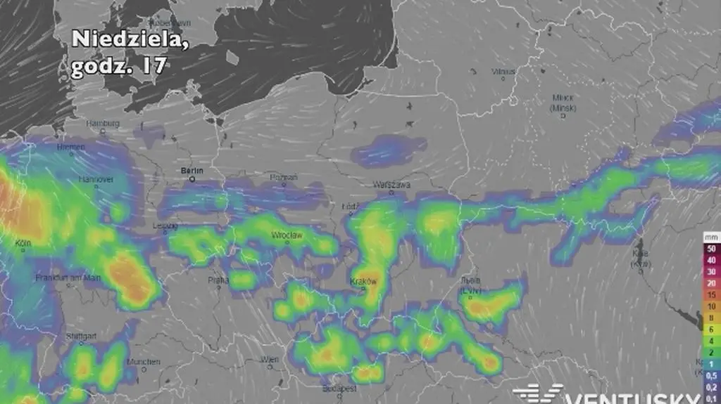Prognoza opadów na pięć dni (ventusky