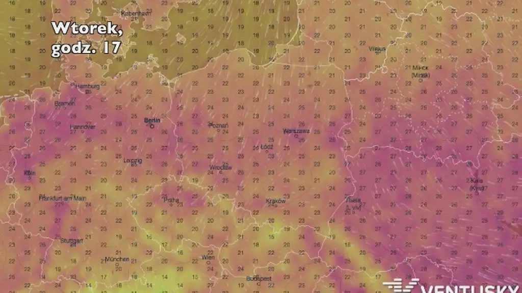 Temperatura w ciągu najbliższych pięciu dni (Ventusky