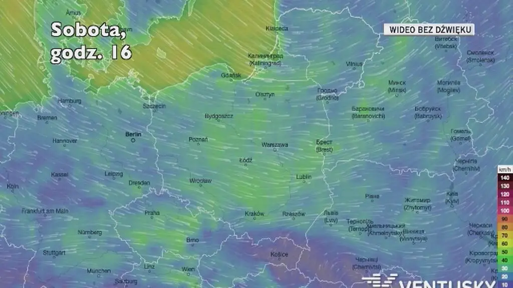 Porywy wiatru w kolejnych dniach (Ventusky