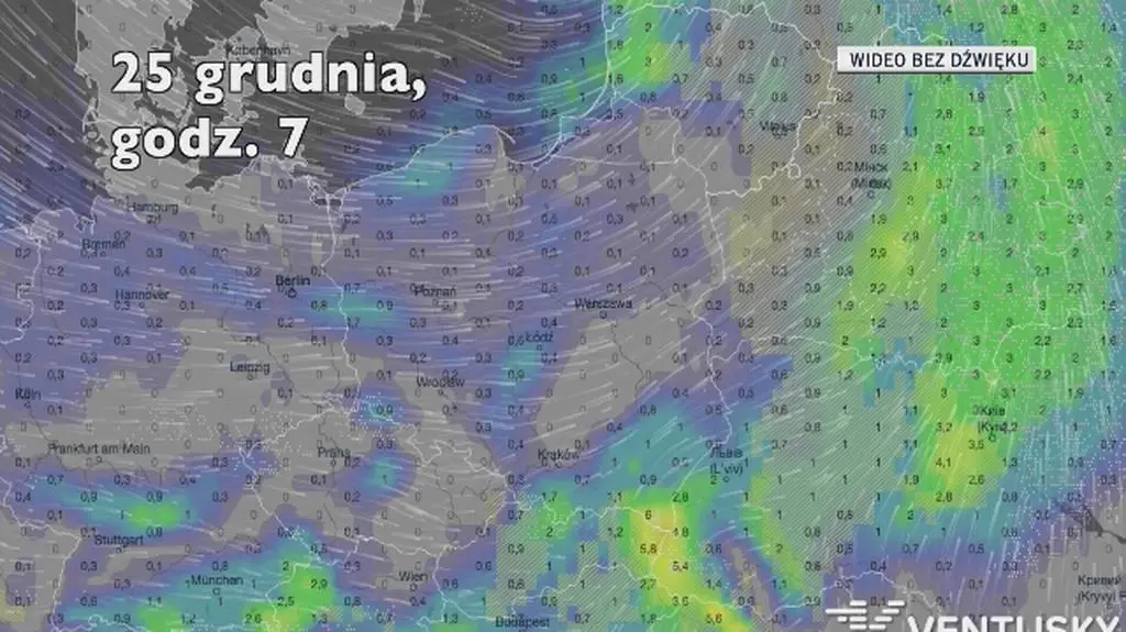 Prognozowane opady w okresie świątecznym (Ventusky