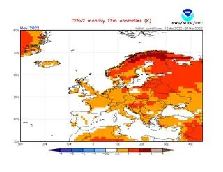 Prognoza odchylenia średniej temperatury od normy wieloletniej dla maja 2022