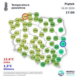 Temperatura powietrza w Polsce w piątek 16.02, godz. 17
