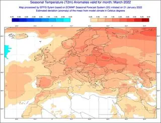 Prognoza odchylenia średniej temperatury od normy wieloletniej na marzec 2022 r.