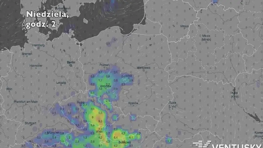 Opady w ciągu najbliższych pięciu dni (Ventusky