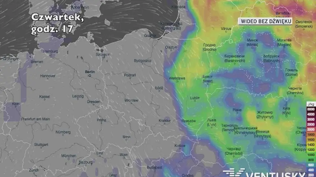 Potencjalny rozwój burz w ciągu najbliższej doby (Ventusky