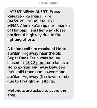 Ostrzeżenie przed pożarem w rejonie Lahaina/Kaanapali na hawajskiej wyspie Maui