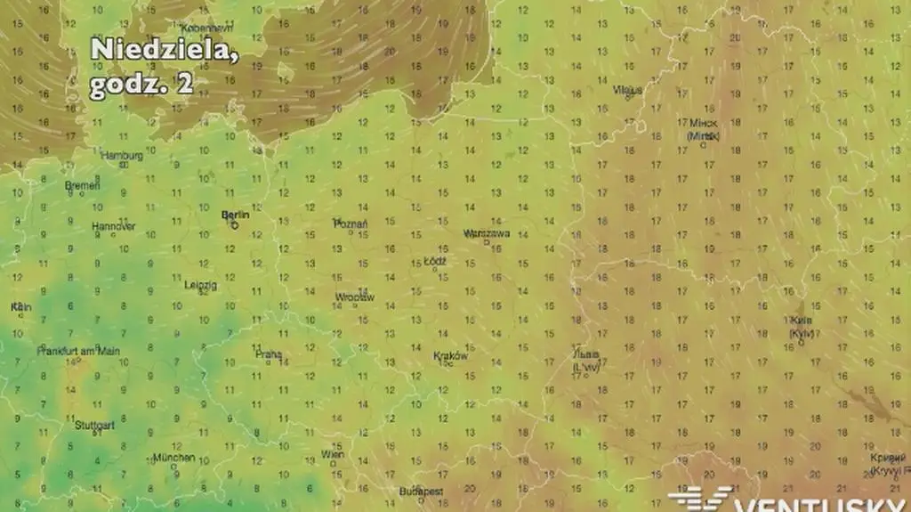 Temperatura w ciągu najbliższych pięciu dniu (Ventusky