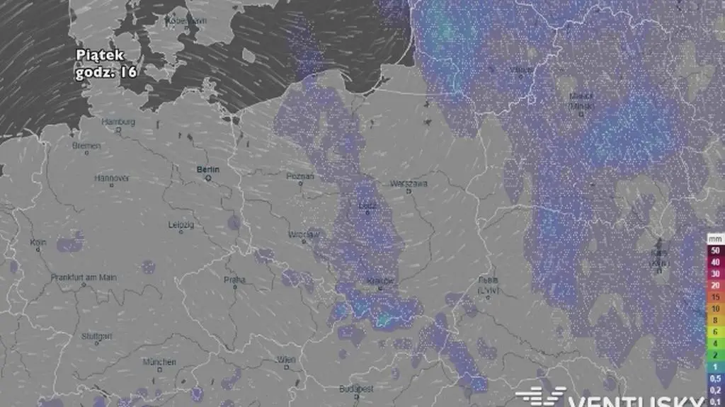 Rozkład i wysokość opadów w najbliższych dniach (ventusky