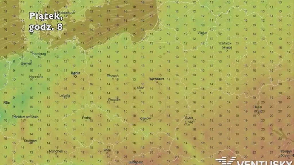Temperatura w ciągu najbliższych pięciu dniu (Ventusky