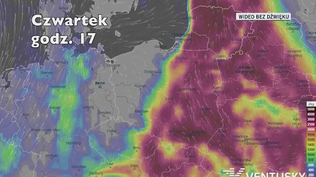 Potencjalny rozwój burz w ciągu najbliższych godzin (Ventusky