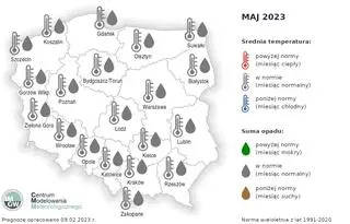 Prognoza średniej miesięcznej temperatury powietrza i miesięcznej sumy opadów atmosferycznych na maj 2023 r. dla wybranych miast w Polsce