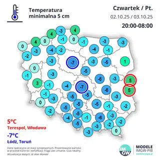 Temperatura minimalna na wysokości 5 centymetrów w nocy z czwartku na piątek