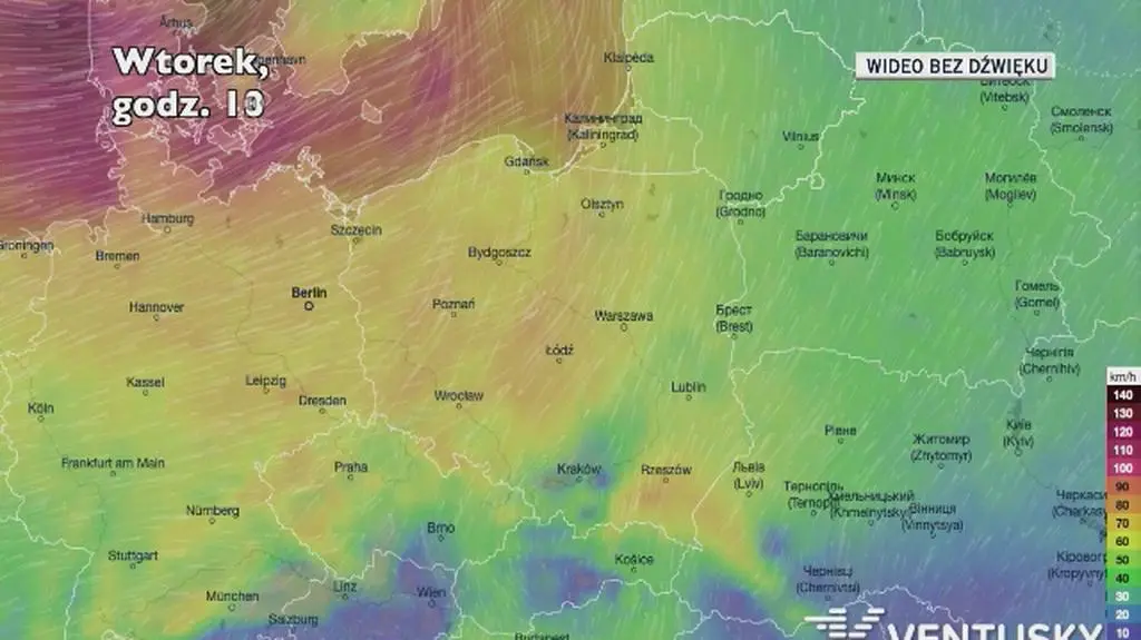 Porywy wiatru w kolejnych dniach (Ventusky