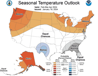 Prognoza anomalii temperatury w USA na okres od marca do maja 2024
