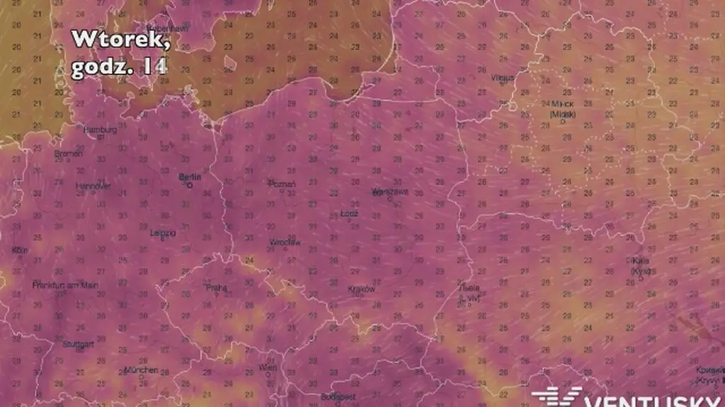Temperatura w ciągu najbliższych pięciu dni (Ventusky