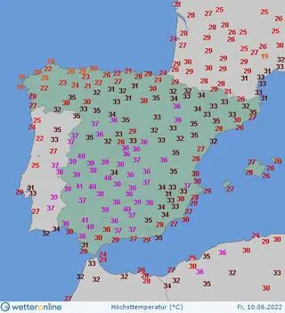 Wartości maksymalne temperatury w Hiszpanii w piątek