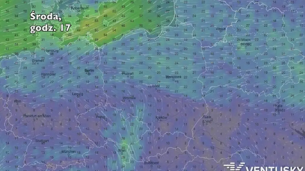 Prędkość wiatru w ciągu najbliższych 5 dni (Ventusky