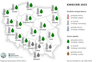 Prognoza średniej miesięcznej temperatury powietrza i miesięcznej sumy opadów atmosferycznych na kwiecień 2023 r. dla wybranych miast w Polsce
