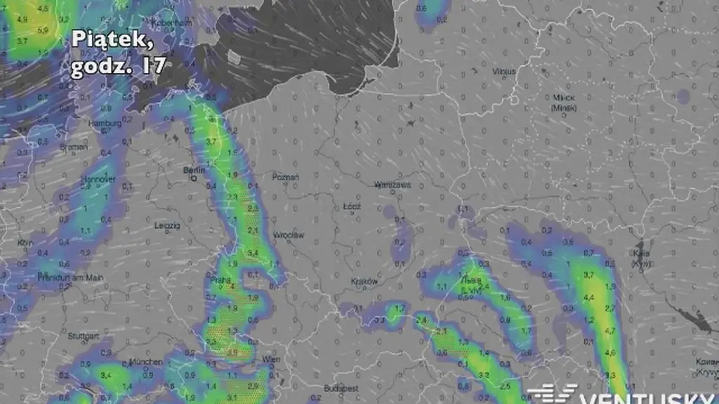 Opady w ciągu najbliższych pięciu dni (Ventusky