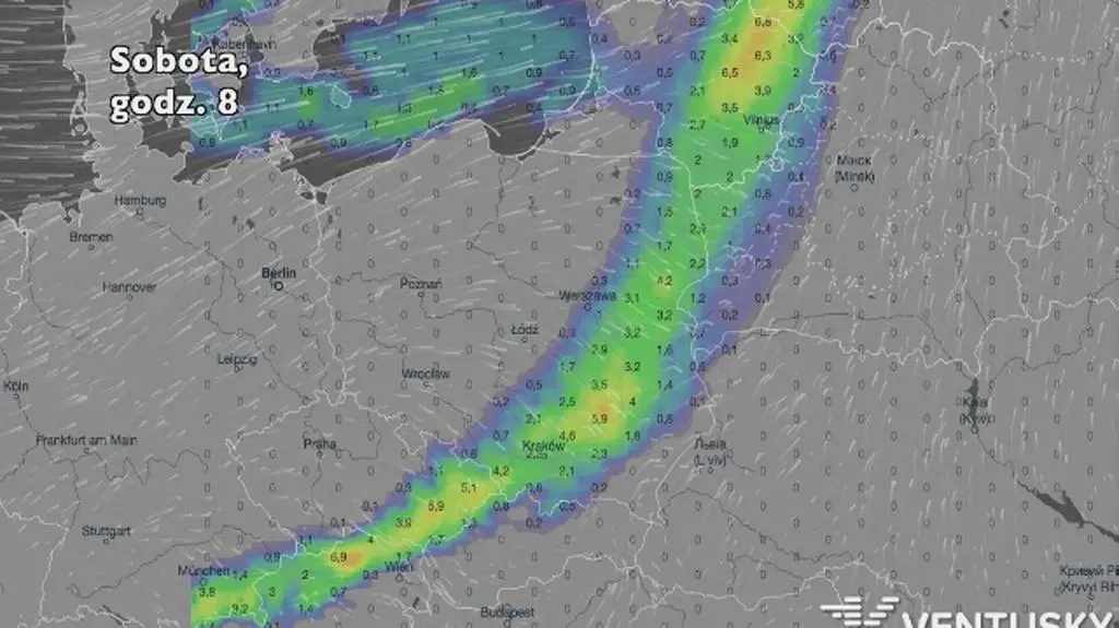 Prognozowane opady deszczu w kolejnych dniach (Ventusky