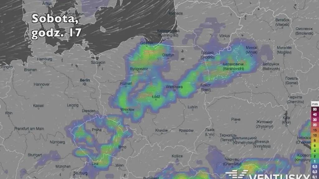 Opady deszczu w ciągu kolejnych pięciu dniu (Ventusky