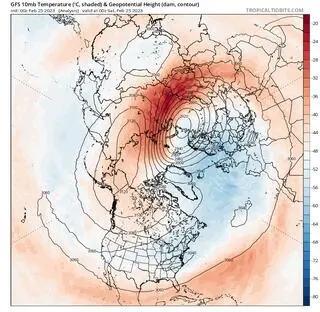 Słabnący wir polarny. Model GFS/tropicaltidbits.com