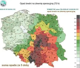 Prognoza średniej wysokości opadu dla zlewni operacyjnych w okresie od 07.07.2025, godz. 06 UTC do 10.07.2025, godz. 06 UTC