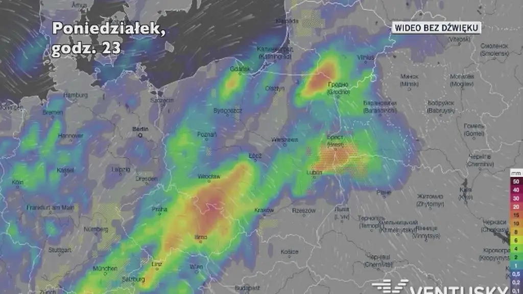 Opady deszczu w ciągu najbliższych pięciu dni (Ventusky