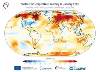 Średnia temperatura powierzchni ziemi w styczniu 2025 roku