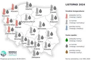 Prognoza średniej miesięcznej temperatury powietrza i miesięcznej sumy opadów atmosferycznych na listopad 2024 r. dla wybranych miast w Polsce