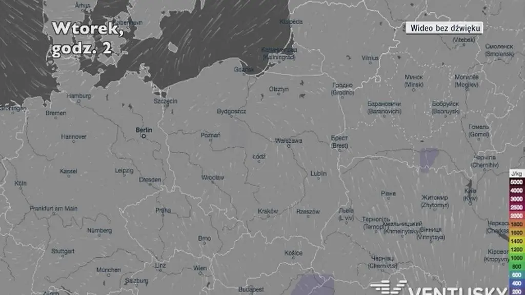 Potencjalne burze w kolejnych dniach (Ventusky