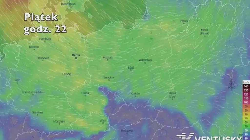 Prędkość porywów wiatru w najbliższych dniach (ventusky