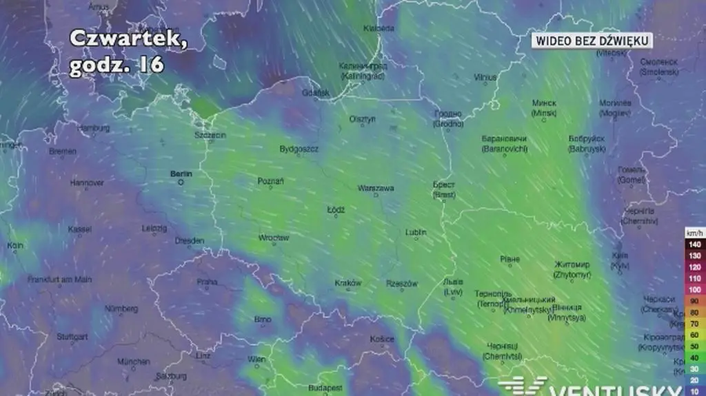 Porywy wiatru w kolejnych dniach (Ventusky
