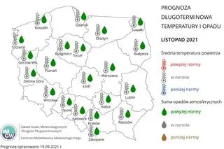 Prognoza średniej miesięcznej temperatury powietrza i miesięcznej sumy opadów atmosferycznych na listopad 2021 r. dla wybranych miast w Polsce