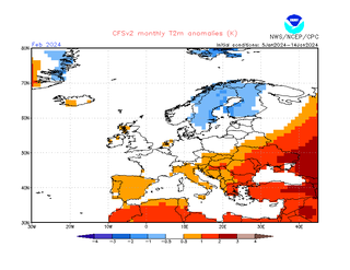 Luty - prognoza odchylenia temperatury średniej miesięcznej od normy