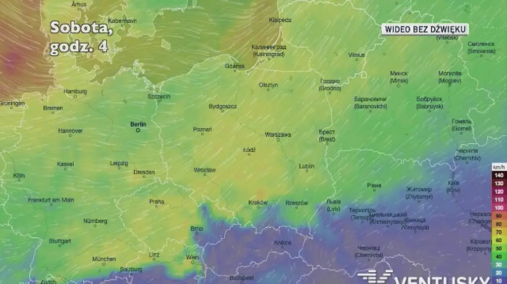 Prognozowane porywy wiatru w najbliższych dniach (Ventusky