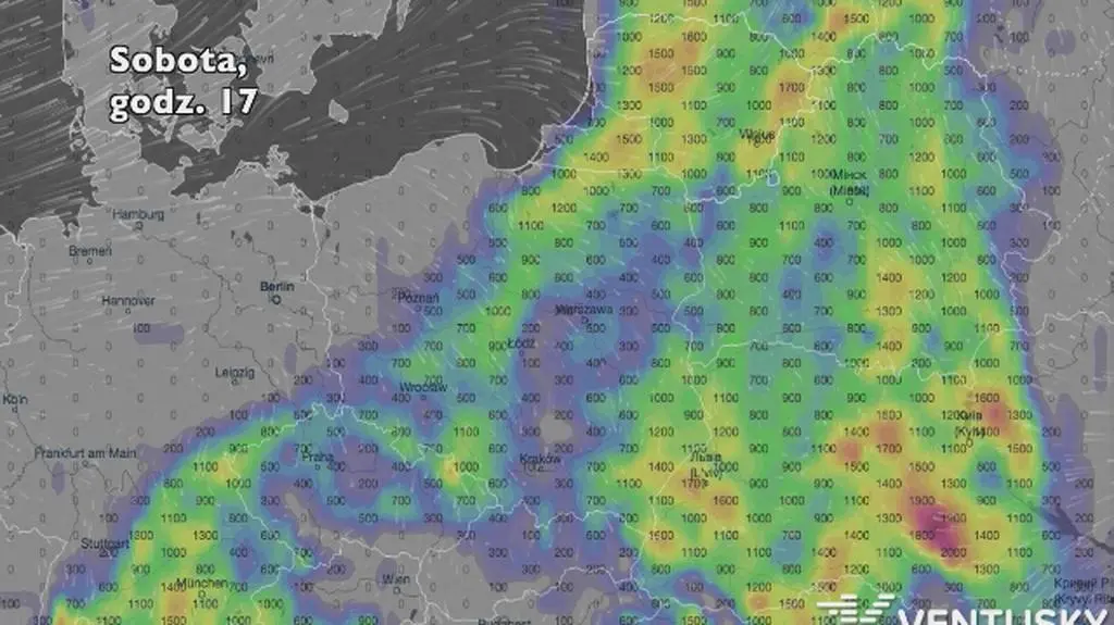 Potencjalny rozwój burz w ciągu najbliższych pięciu dni (Ventusky