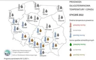 Prognoza średniej miesięcznej temperatury powietrza i miesięcznej sumy opadów atmosferycznych na styczeń 2022 r. dla wybranych miast w Polsce