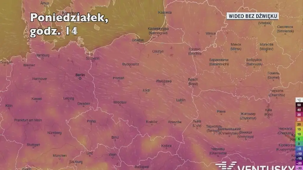 Temperatura powietrza w ciągu kolejnych pięciu dniu (Ventusky
