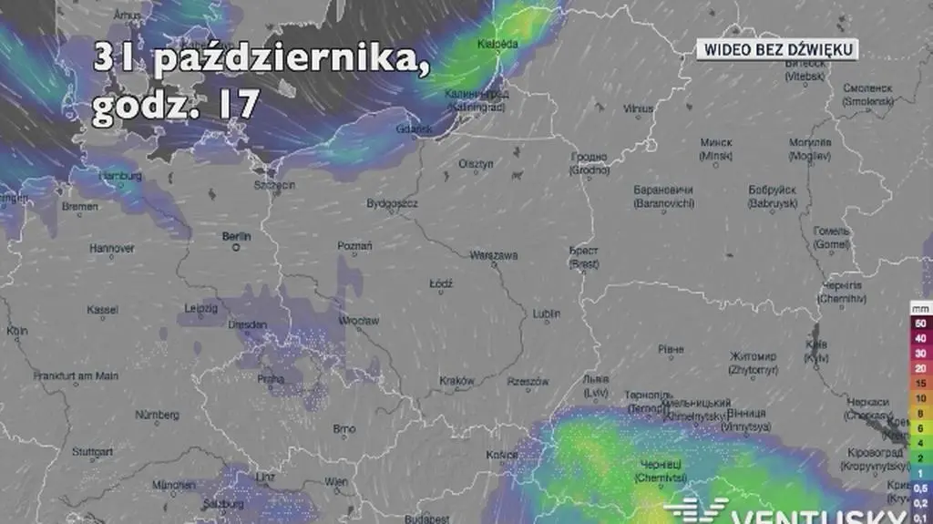 Prognozowane opady we Wszystkich Świętych (Ventusky