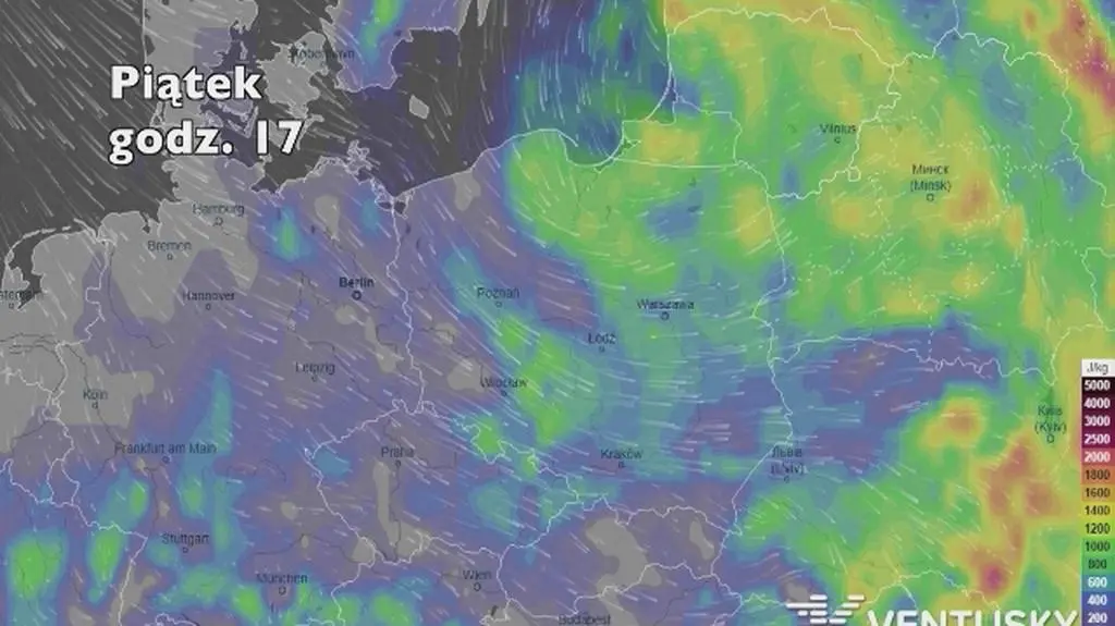 Potencjalny rozwój burz w ciągu pięciu dni (Ventusky