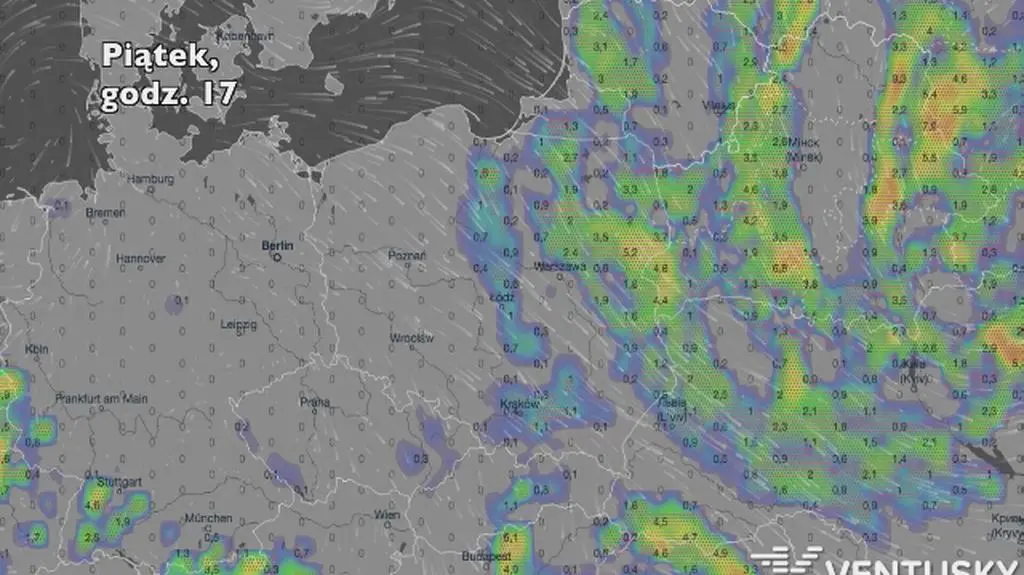 Opady w ciągu najbliższych pięciu dni (Ventusky