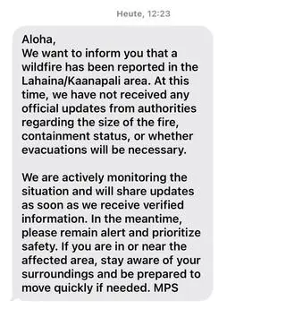 Ostrzeżenie przed pożarem w rejonie Lahaina/Kaanapali na hawajskiej wyspie Maui