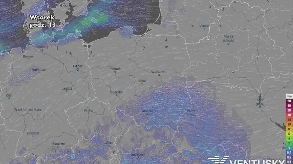 Rozkład i wysokość opadów w najbliższych dniach (ventusky