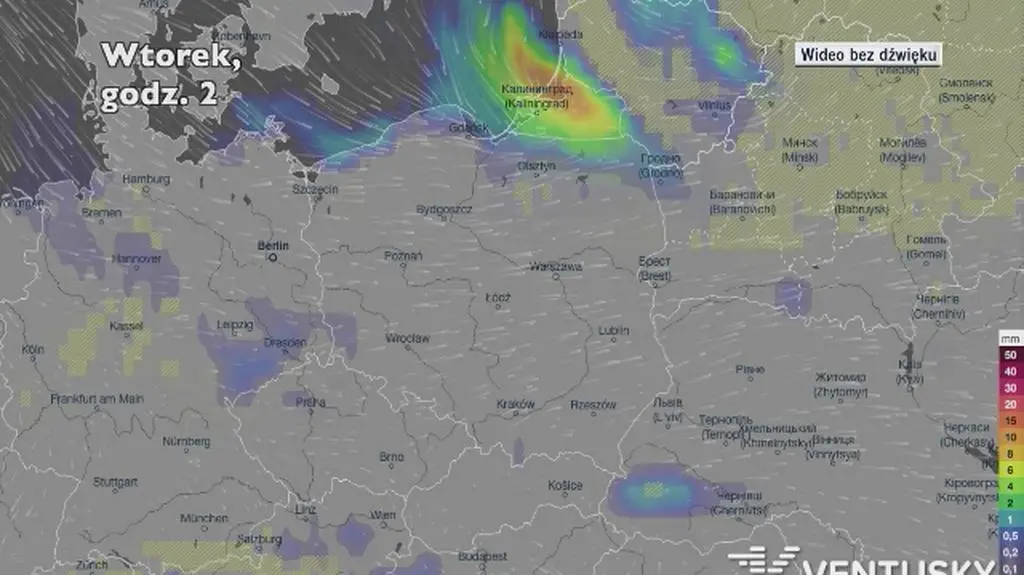 Prognozowane opady deszczu w najbliższych dniach (Ventusky