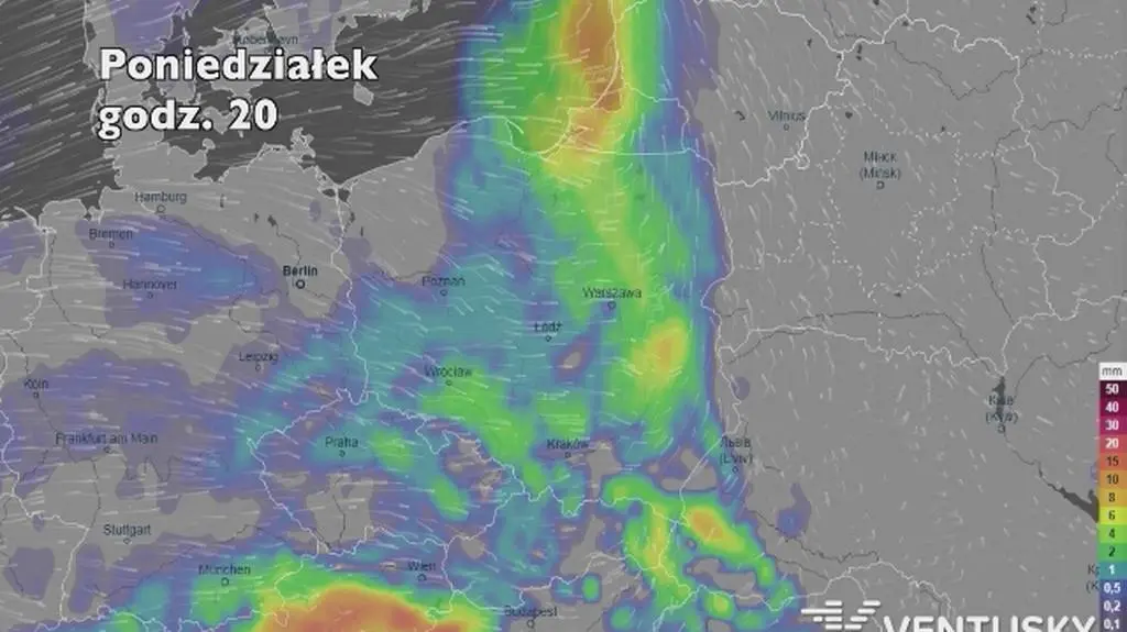 Opady w najbliższych w poniedziałek i wtorek (ventusky
