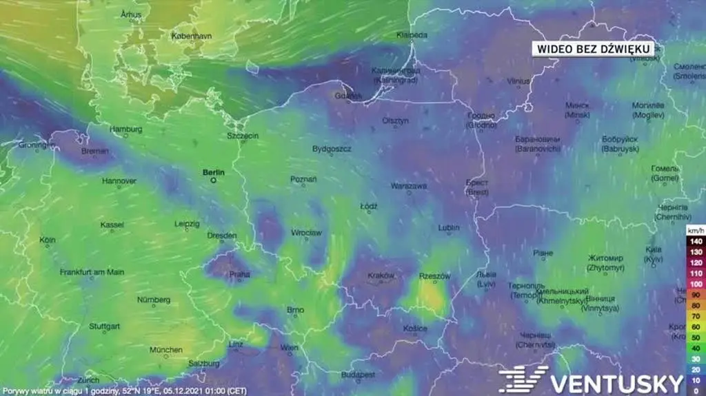 Prognozowane porywy wiatru w ciągu kolejnych dni