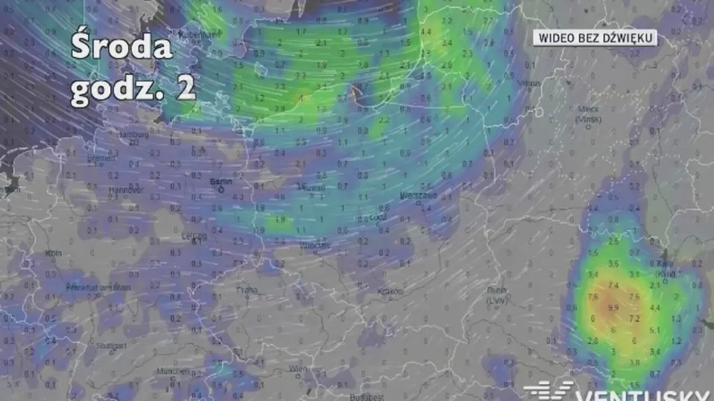 Opady deszczu w ciągu najbliższych pięciu dni (Ventusky