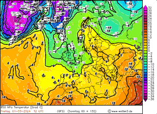 Klin ciepła od Morza Egejskiego po Bałtyk 01.03, prognoza temperatury na wysokości 1,5 km 